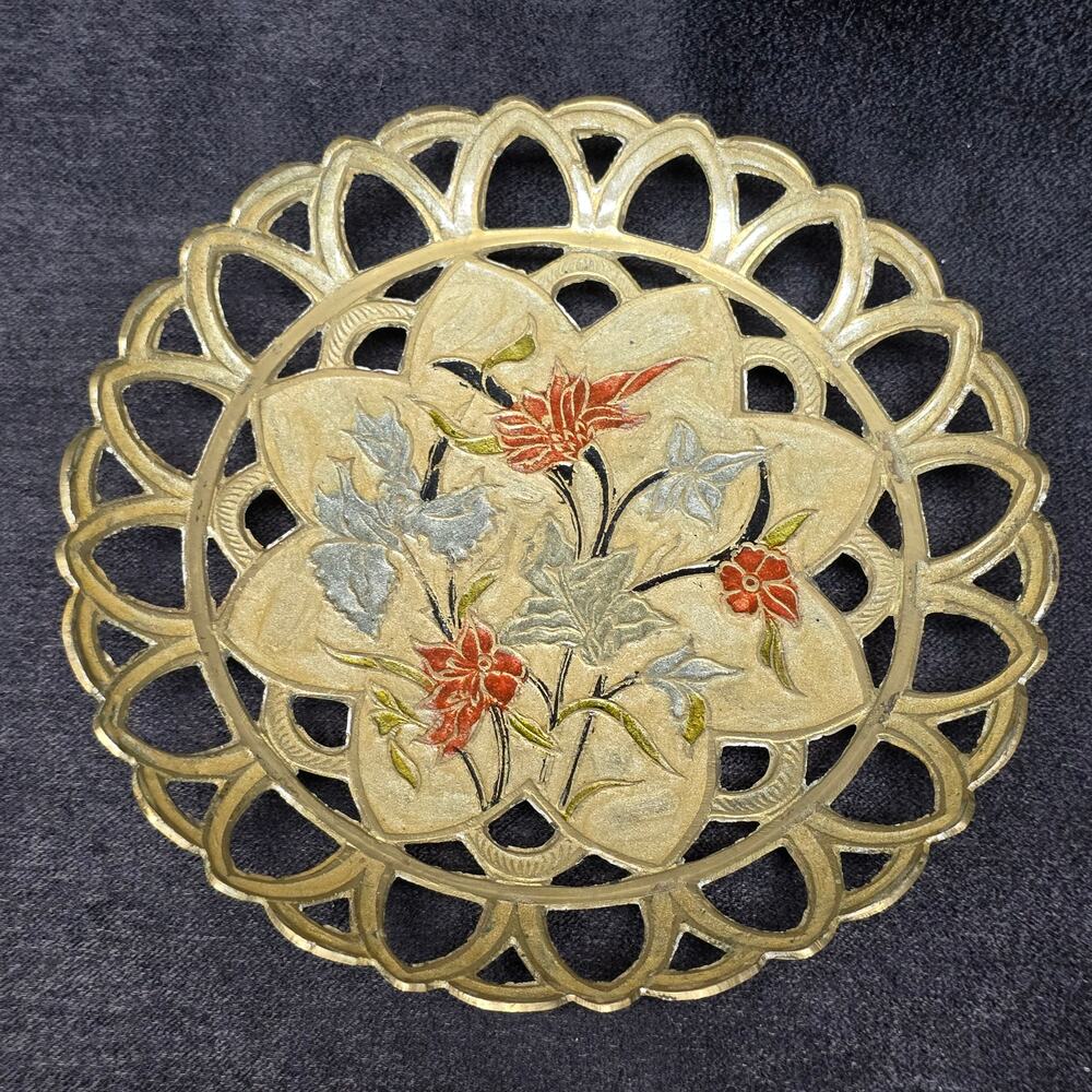 Vintage Solid Brass Floral Scalloped & Etched Change Bowl Tray